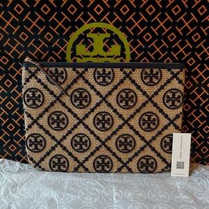 Tory Burch T Monogram Embroidered Straw Pouch Royal Navy